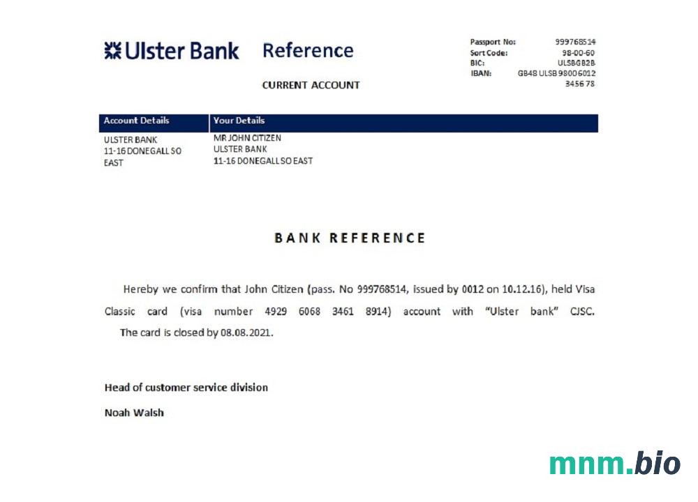 Przykład zaświadczenia o zamknięciu irlandzkiego banku Ulster w formacie Word i PDF